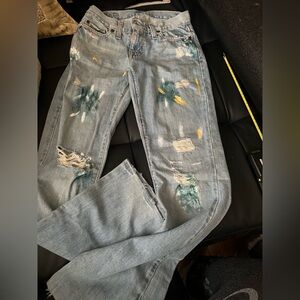 🦊A&F Distressed Blue Jeans with Paint Splatter